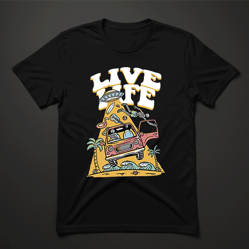 חולצת טי שחורה עם הדפס LIVE LIFE, מכונית ורודה, הרפתקאות ודקלים – חולצה לחובבי מכוניות