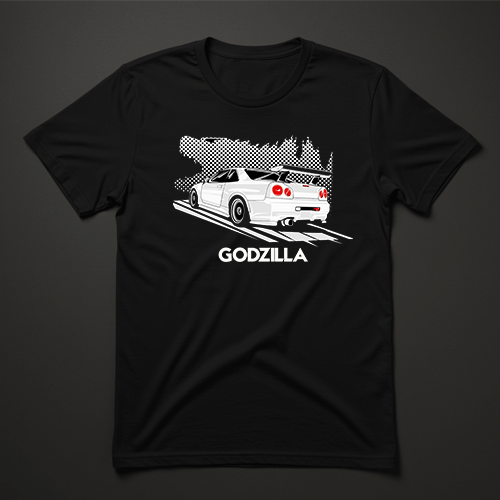 חולצת טי שחורה עם הדפס של Nissan Skyline R34 וכתובת Godzilla בלבן