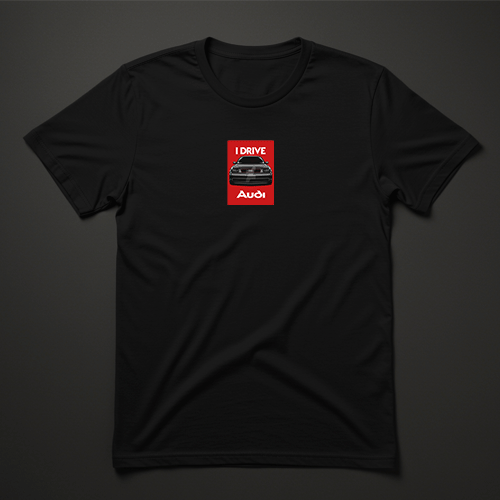 חולצת גברים שחורה עם הדפס I DRIVE Audi על רקע אדום