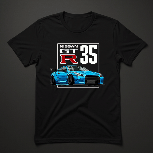 חולצת גברים שחורה עם הדפס Nissan GT-R R35 כחול ומספר 35