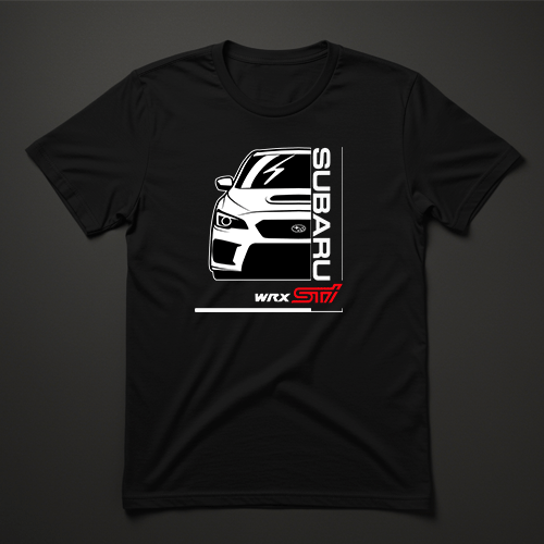 חולצת גברים שחורה עם הדפס חזית של Subaru WRX STI בצבעים לבן ואדום