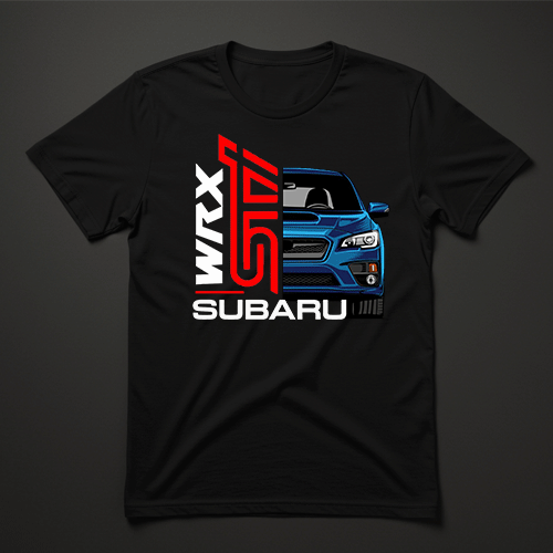 חולצת גברים שחורה עם הדפס חצי רכב Subaru WRX STI כחול וכיתוב אנכי