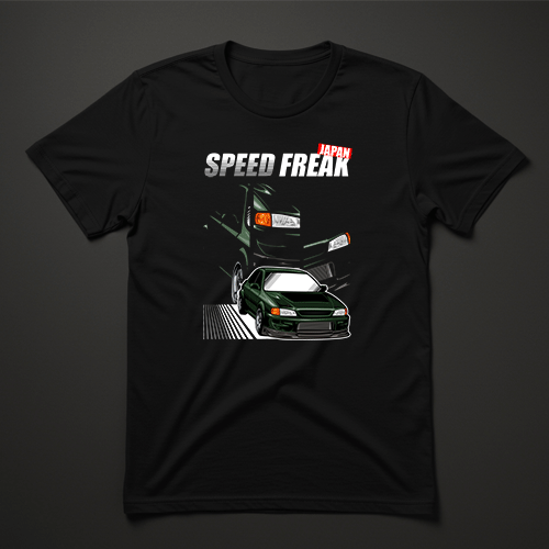 חולצת גברים שחורה עם הדפס רכב ירוק וטקסט SPEED FREAK Japan לבן־אדום