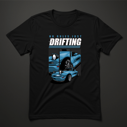 חולצת גברים שחורה עם הדפס NO RULES JUST DRIFTING ורכב כחול בתנועה