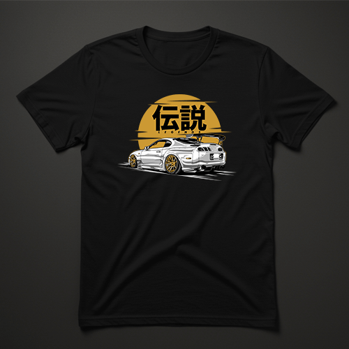 חולצת גברים שחורה עם הדפס רכב JDM לבן וכיתוב יפני כתום 伝説