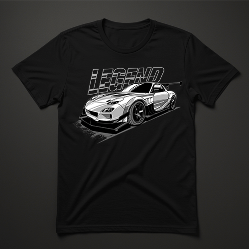 חולצת גברים שחורה עם הדפס LEGEND ורכב ספורט לבן־שחור בזווית חזיתית