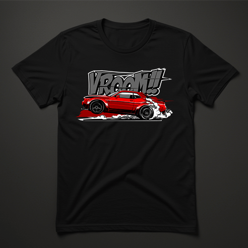 חולצת גברים שחורה עם הדפס קומיקס רכב אדום וטקסט VROOM!! לבן־אפור
