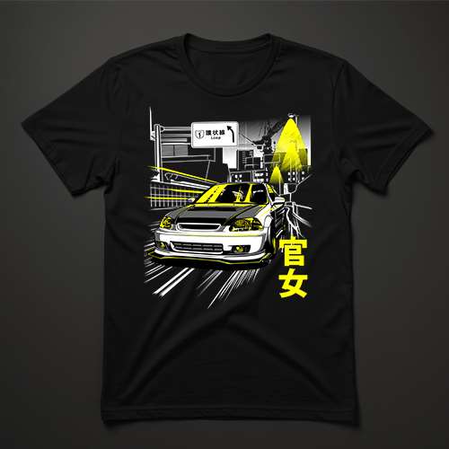 חולצת גברים שחורה עם רכב JDM לבן, עיצוב עירוני בצהוב וכתב יפני מודגש