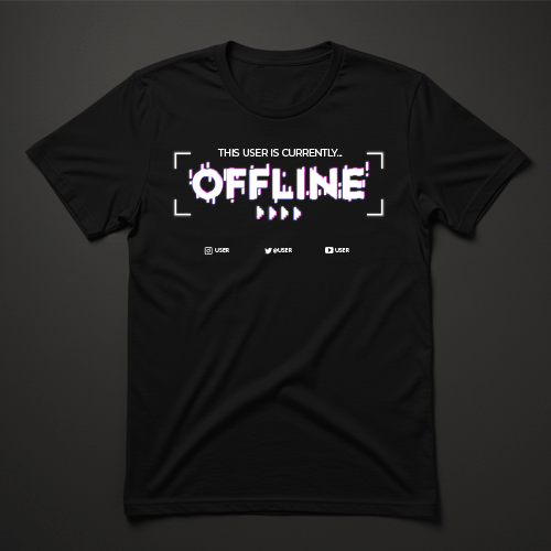 חולצת גיימינג שחורה עם כיתוב This user is currently offline וסמלי רשתות חברתיות