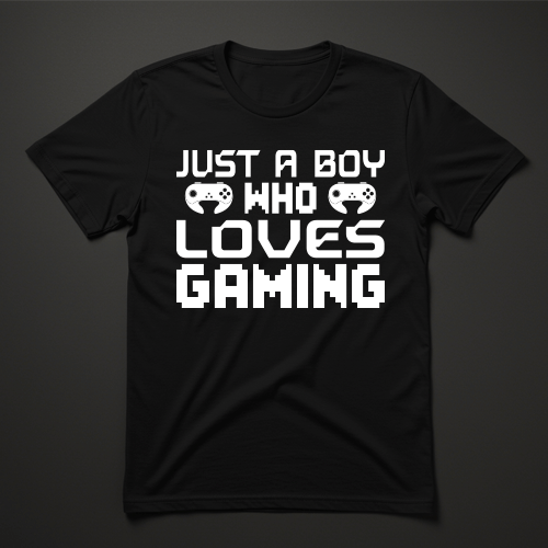 חולצת גיימינג שחורה עם כיתוב Just a Boy Who Loves Gaming בשילוב אייקוני שלטים