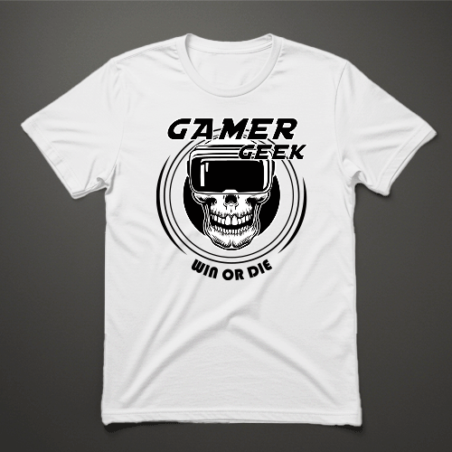 חולצה לבנה לגיימרים עם גולגולת VR וכתובת Win or Die