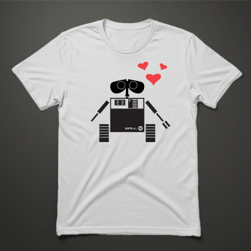 חולצת גבר לבנה עם הדפס רובוט שחור ולבבות אדומים