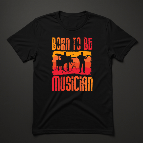 חולצת טריקו שחורה עם הדפס Born To Be Musician בצבעי אדום וכתום