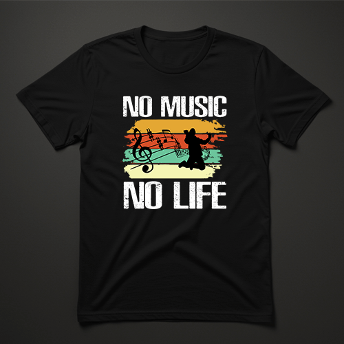 חולצת טריקו שחורה עם הדפס No Music No Life ורקע צבעוני