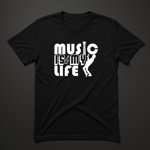 חולצת טריקו שחורה עם הדפס לבן Music Is My Life ודמות גיטריסט