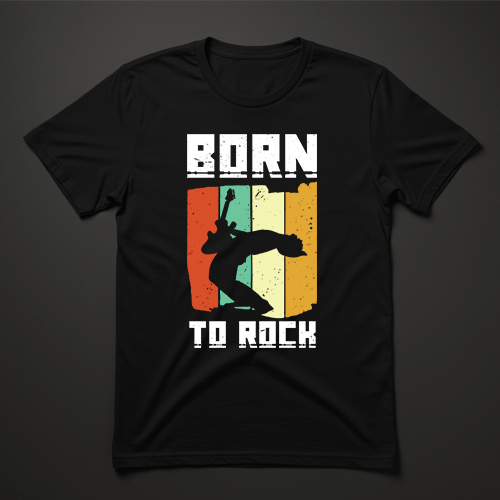 חולצת טריקו שחורה עם הדפס Born To Rock ורקע צבעוני בגווני אדום, כתום וצהוב