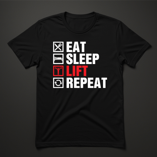 חולצת ספורט שחורה עם כיתוב לבן ואדום Eat Sleep Lift Repeat וסמלים גרפיים תואמים