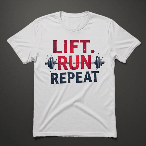 חולצת ספורט לבנה לגברים עם הדפס Lift Run Repeat ומשקולות