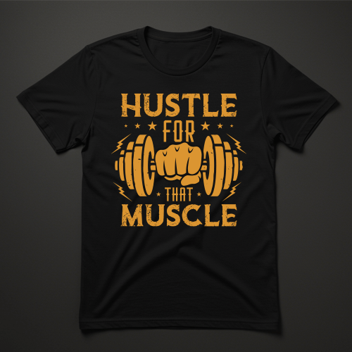 חולצת ספורט שחורה לגברים עם הדפס מוטיבציה בצבע כתום – Hustle for That Muscle