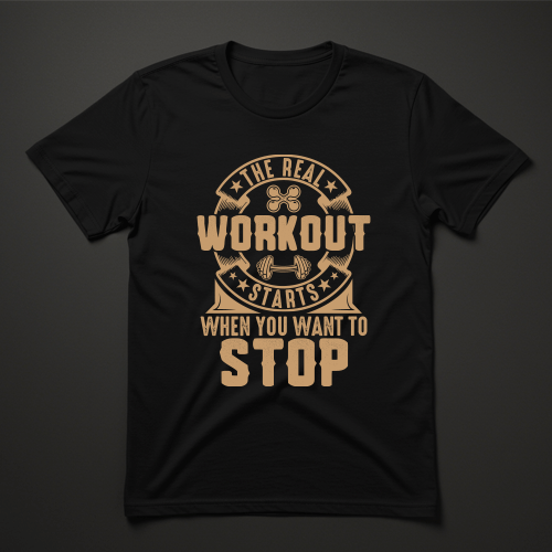 טי שירט שחורה לגברים עם הדפס בגוון חול: The Real Workout Starts When You Want To Stop