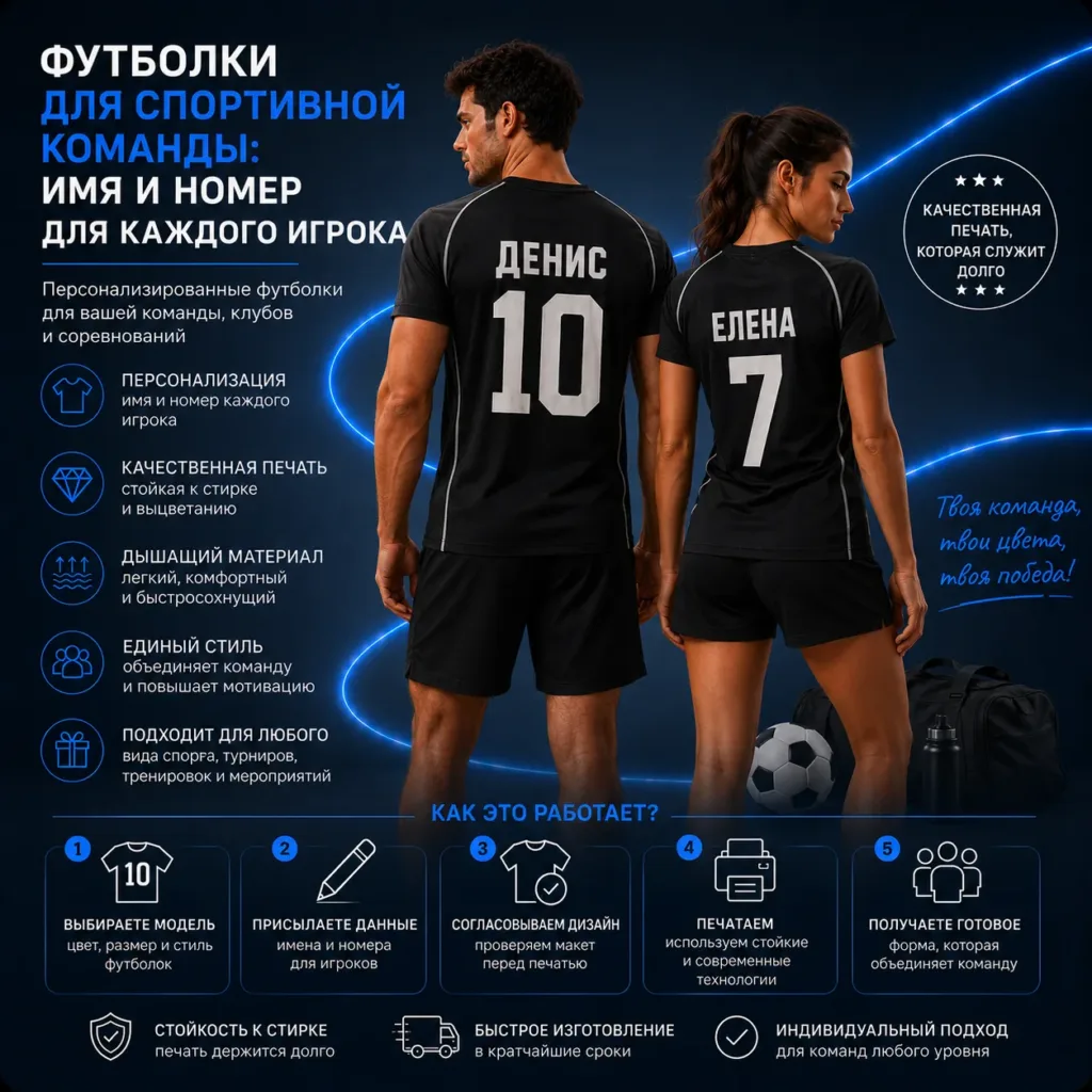 Футболки для спортивной команды: имя и номер каждому игроку