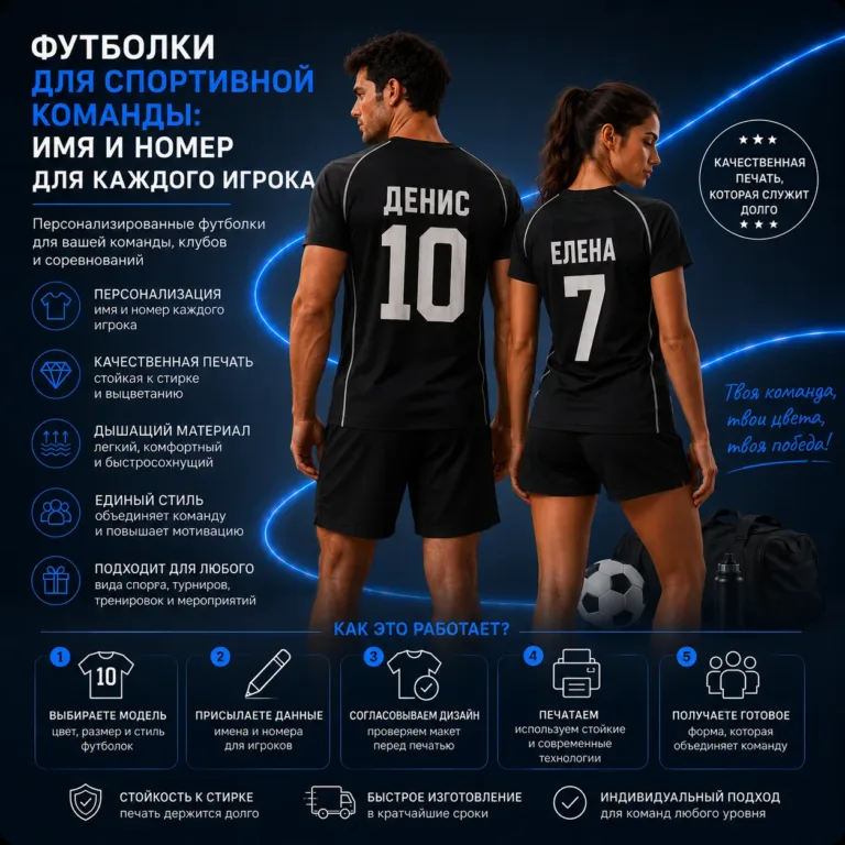 Футболки для спортивной команды: имя и номер каждому игроку