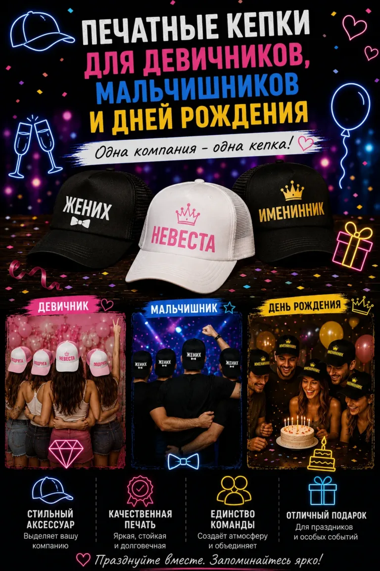 Кепки и панамы для девичника, мальчишника и дня рождения: одна компания, один головной убор