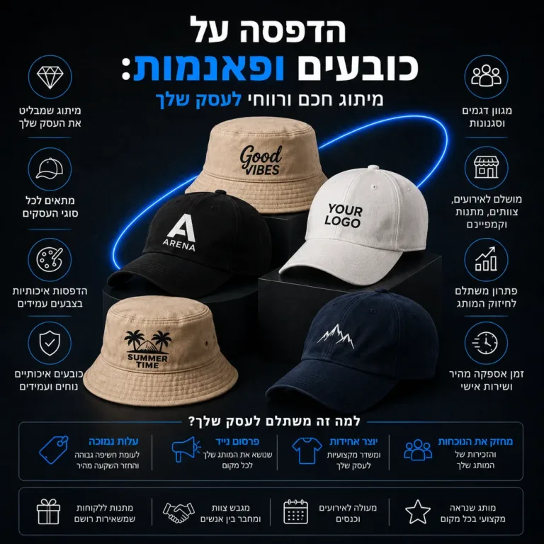 הדפסה על כובעים מצחייה או טמבל עם לוגו למיתוג משתלם