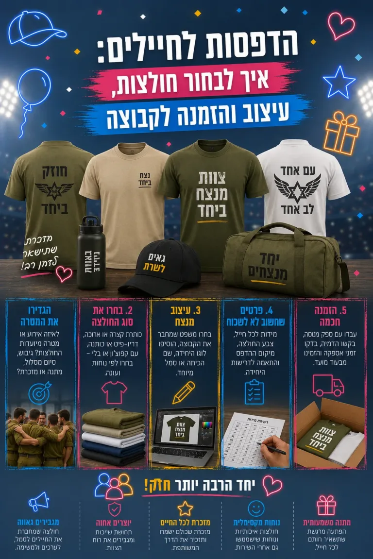 הדפסות לחיילים: איך לבחור חולצות, עיצוב והזמנה לקבוצה