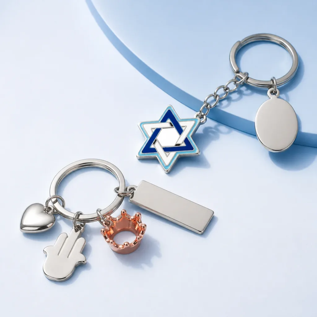 מבחר מחזיקי מפתחות ממתכת לצד כרטיסי עובדים ואריזת לקוח