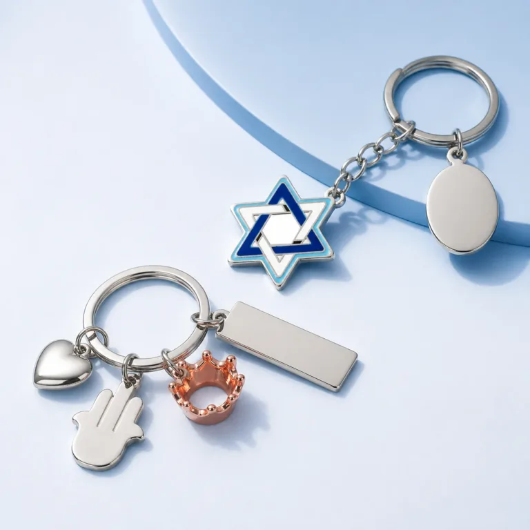 מבחר מחזיקי מפתחות ממתכת לצד כרטיסי עובדים ואריזת לקוח