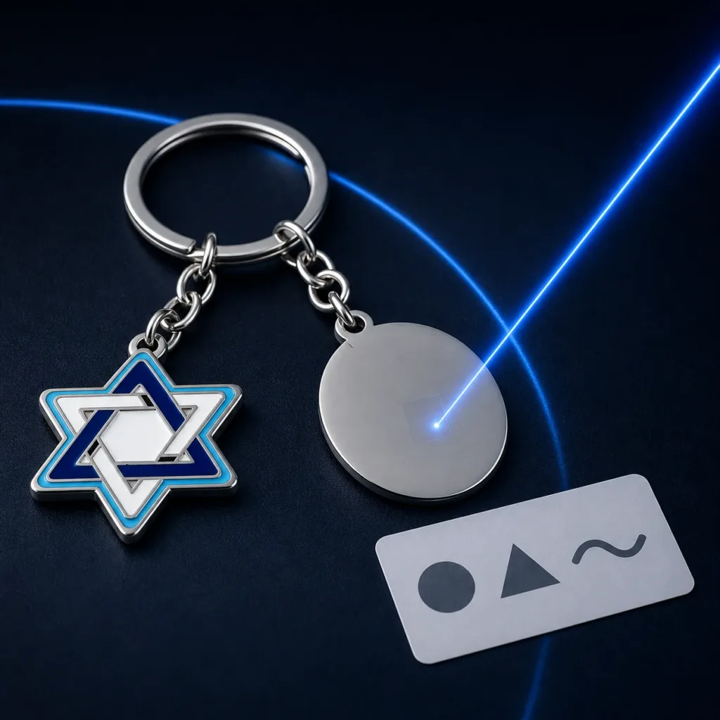 לוגו וקטורי נקי לצד מחזיק מפתחות מתכת והדמיית חריטה