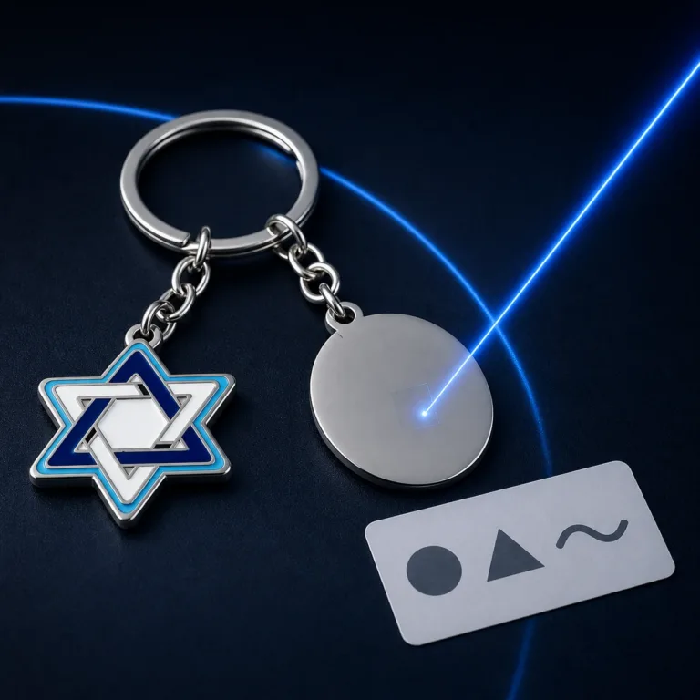 לוגו וקטורי נקי לצד מחזיק מפתחות מתכת והדמיית חריטה