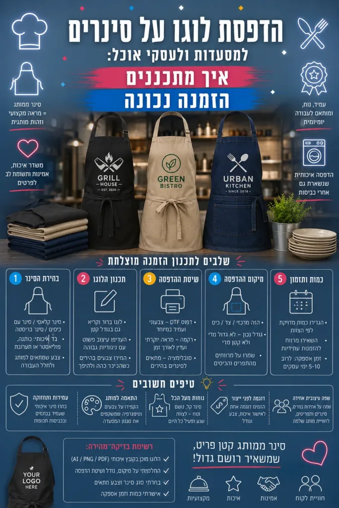 הדפסת לוגו על סינרים למסעדות ולעסקי אוכל: איך מתכננים הזמנה נכונה